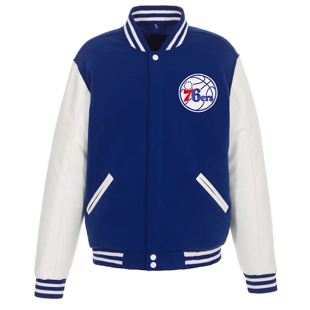 Philadelphia 76ers Royal and White Varsity Jacket Philadelphia 76ers Royal and White Varsity Jacket