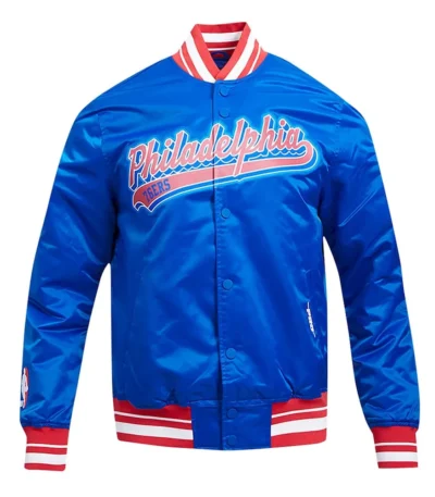 Philadelphia 76ers Script Tail Royal Satin Jacket