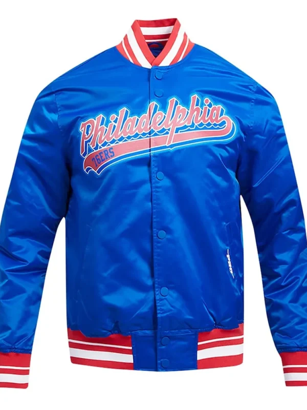 Philadelphia 76ers Script Tail Royal Satin Jacket
