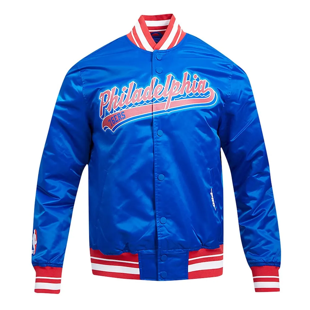 Philadelphia 76ers Script Tail Royal Satin Jacket Philadelphia 76ers Script Tail Royal Satin Jacket