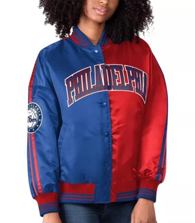 Philadelphia 76ers Split Colorblock Blue and Red Satin Jacket
