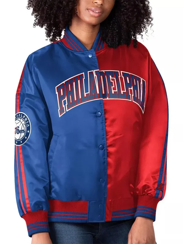 Philadelphia 76ers Split Colorblock Blue and Red Satin Jacket