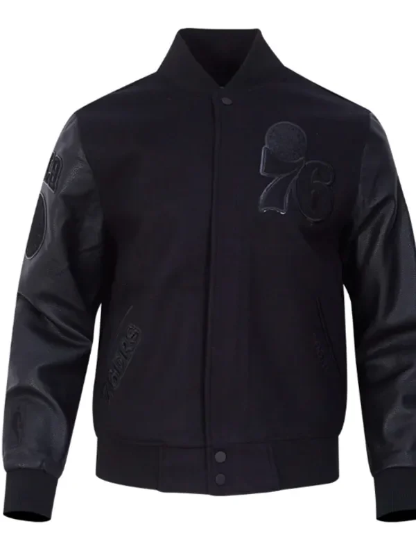 Philadelphia 76ers Triple Black Varsity Wool-Leather Jacket