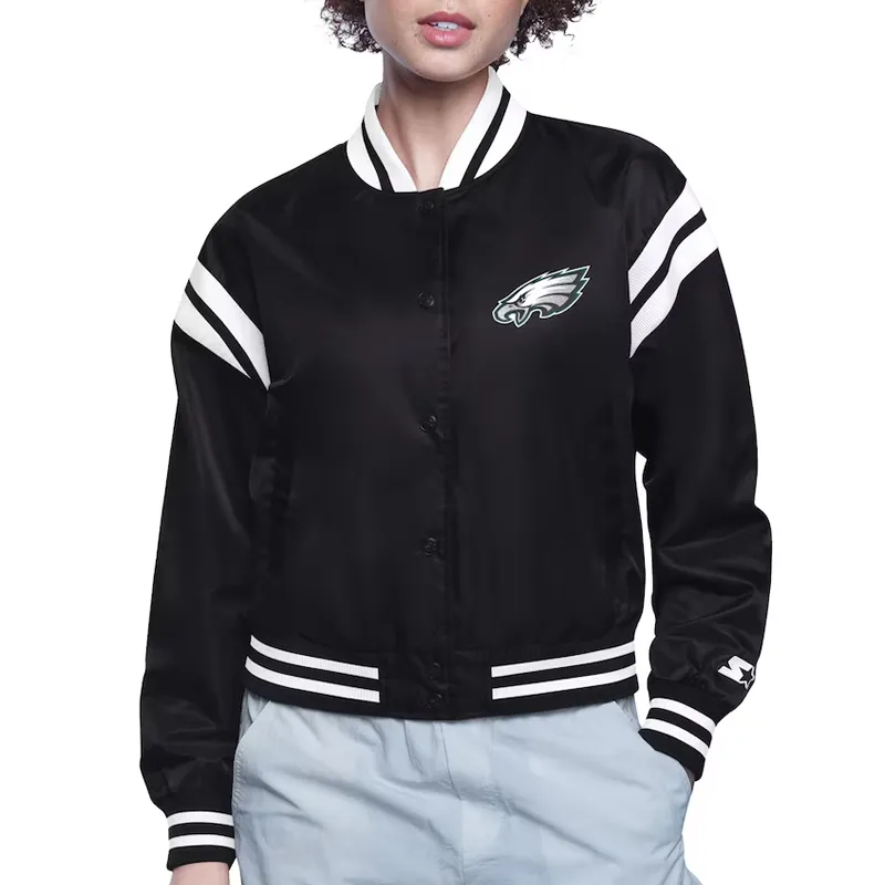 Philadelphia Eagles Printed Logo Varsity Satin Jacket Philadelphia Eagles Printed Logo Varsity Satin Jacket