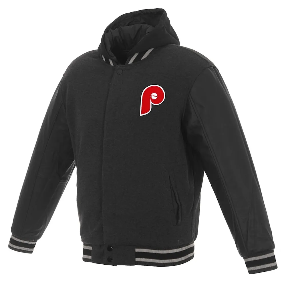 Philadelphia Phillies Varsity Black and Charcoal Hooded Jacket Philadelphia Phillies Varsity Black and Charcoal Hooded Jacket