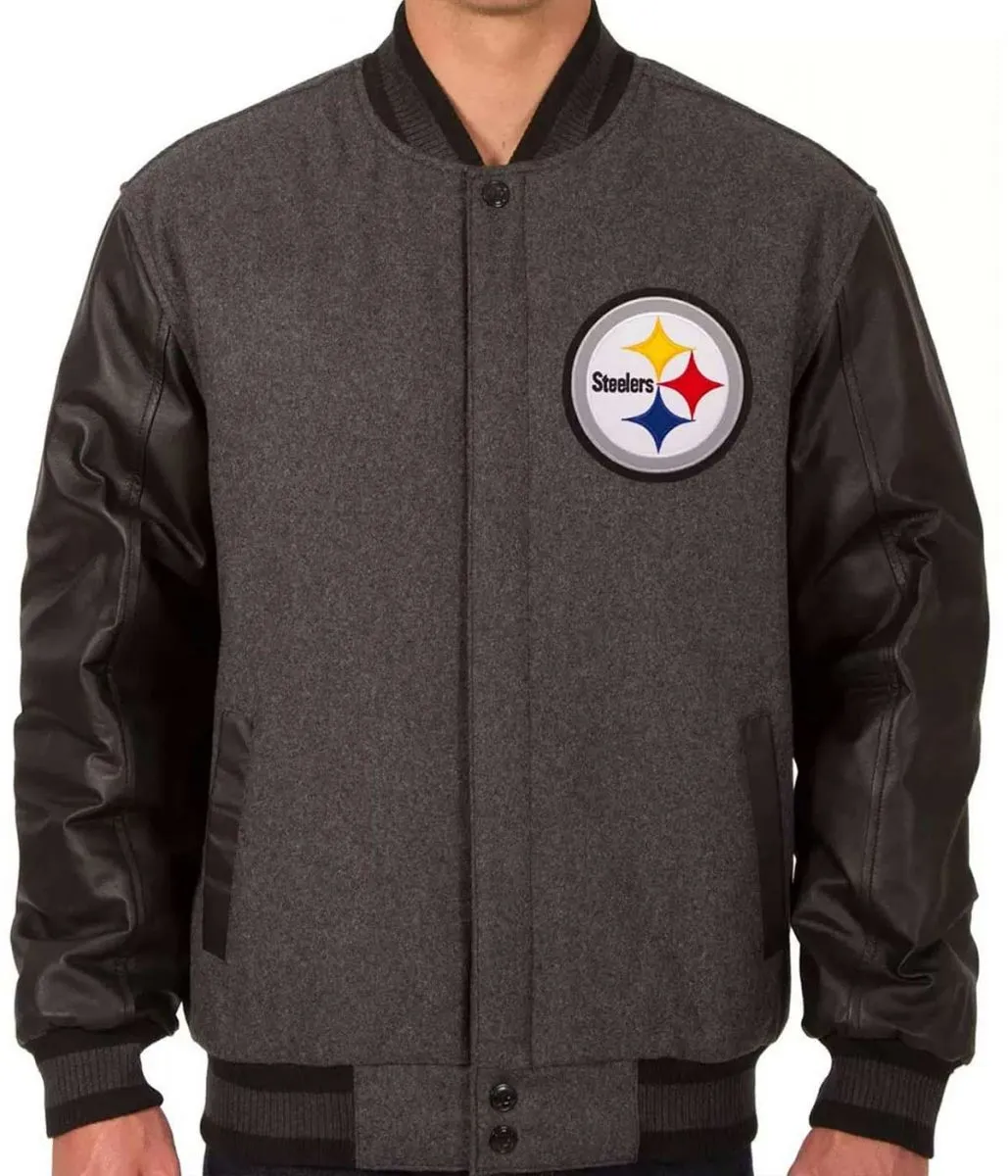 Pittsburgh Steelers Black and Gray Varsity Jacket Pittsburgh Steelers Black and Gray Varsity Jacket