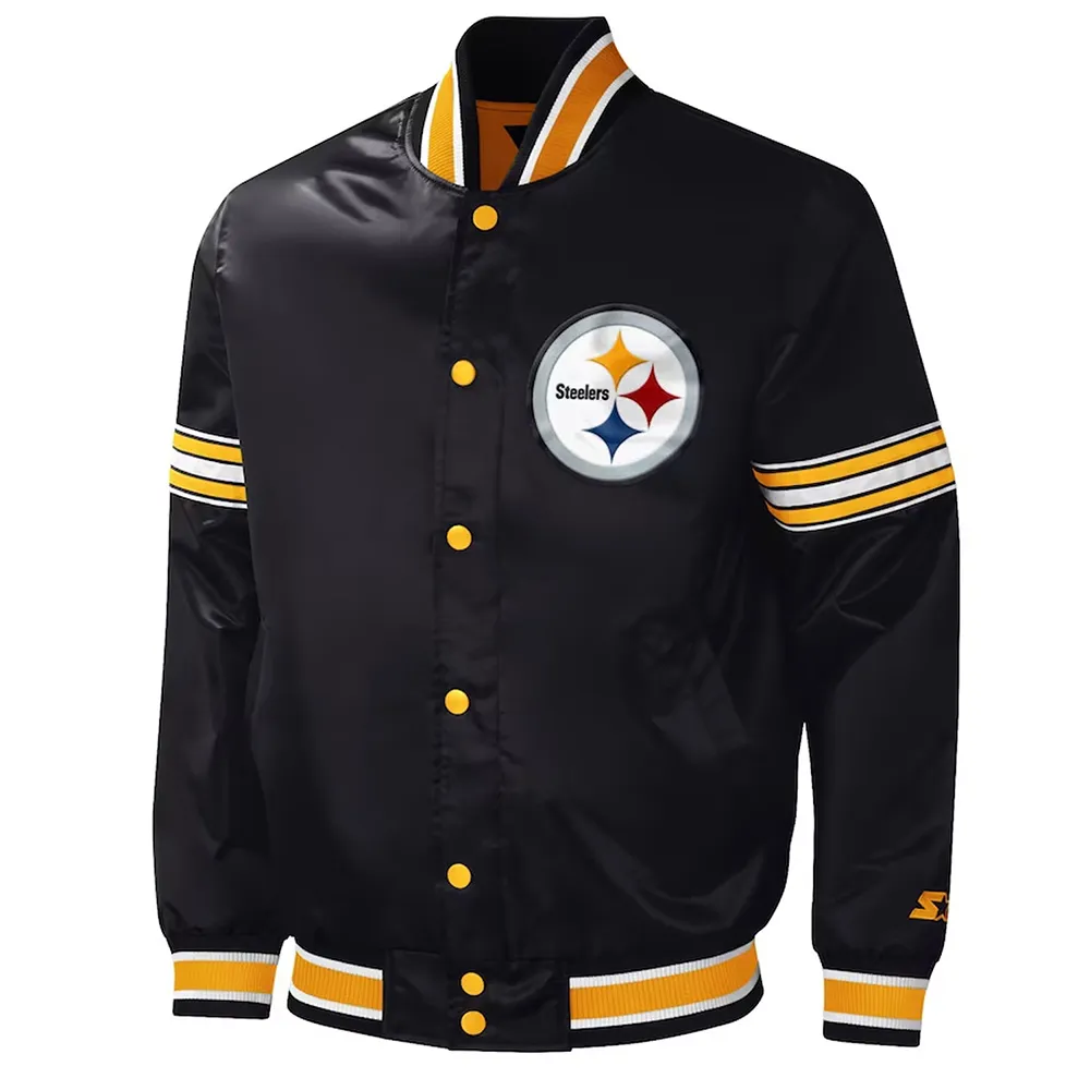 Pittsburgh Steelers Midfield Varsity Black Satin Jacket Pittsburgh Steelers Midfield Varsity Black Satin Jacket