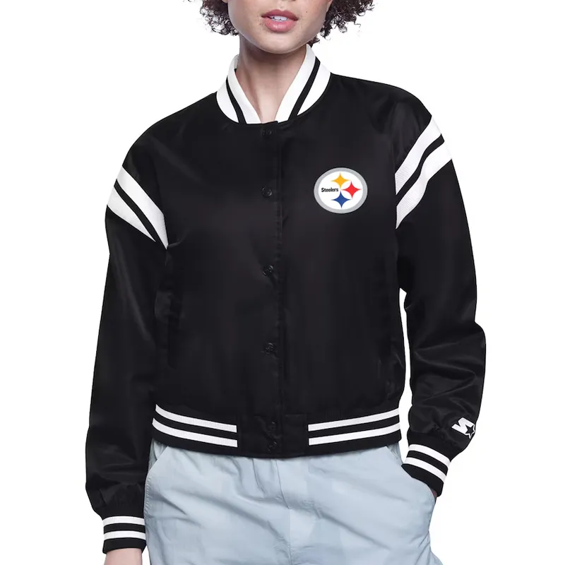 Pittsburgh Steelers Printed Logo Varsity Satin Jacket Pittsburgh Steelers Printed Logo Varsity Satin Jacket