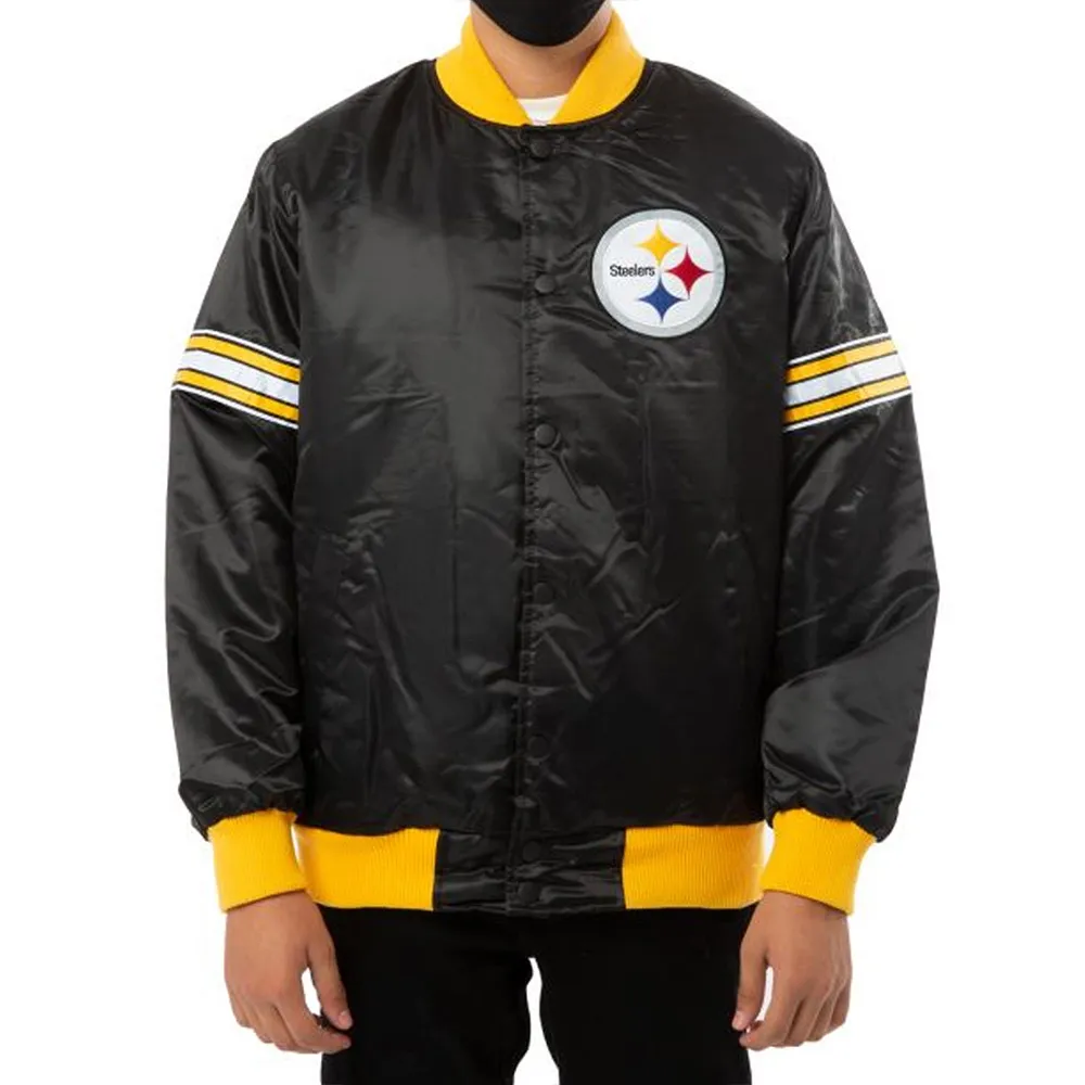 Pittsburgh Steelers Striped Black Varsity Satin Jacket Pittsburgh Steelers Striped Black Varsity Satin Jacket