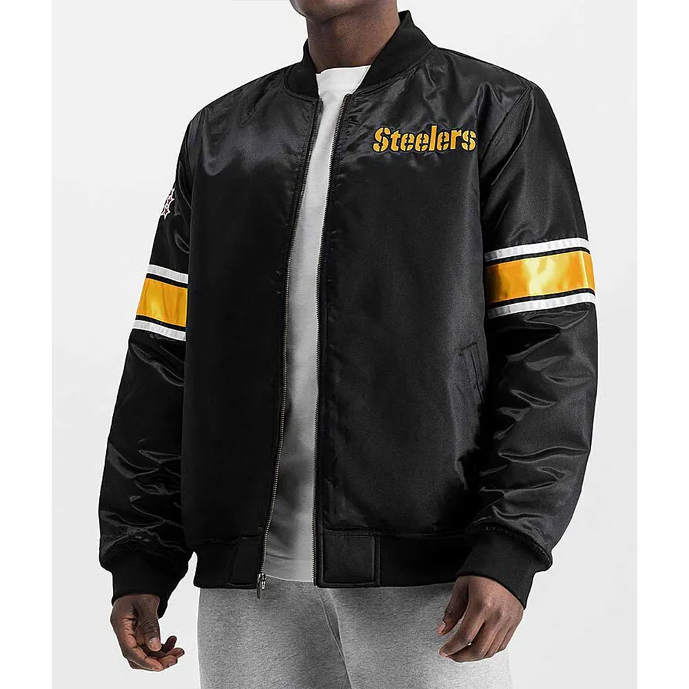 Pittsburgh Steelers Striped Heavyweight Black Satin Jacket Pittsburgh Steelers Striped Heavyweight Black Satin Jacket