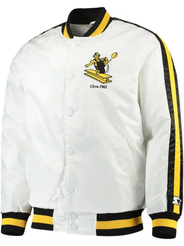 Pittsburgh Steelers Throwback D-Line White Varsity Satin Jacket