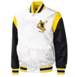 Pittsburgh Steelers Throwback Warm Up Pitch Black-White Varsity Satin Jacket