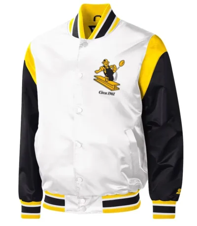 Pittsburgh Steelers Throwback Warm Up Pitch Black-White Varsity Satin Jacket