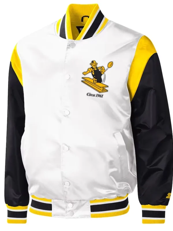 Pittsburgh Steelers Throwback Warm Up Pitch Black-White Varsity Satin Jacket