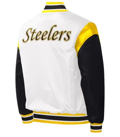 Pittsburgh Steelers Throwback Warm Up Pitch Black-White Varsity Satin Jacket