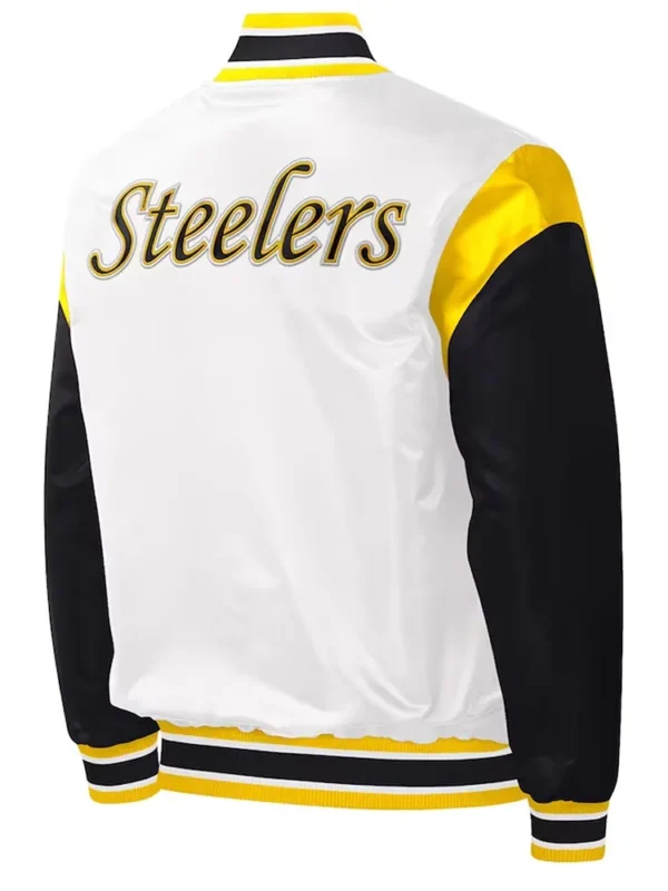 Pittsburgh Steelers Throwback Warm Up Pitch Black-White Varsity Satin Jacket