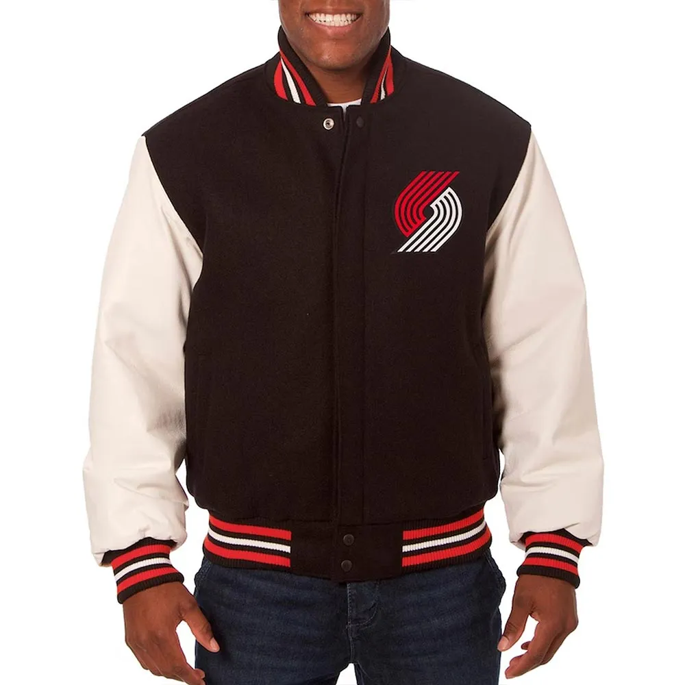 Portland Trail Blazers Two-Hit Black and White Varsity Jacket Portland Trail Blazers Two-Hit Black and White Varsity Jacket