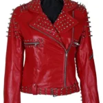 Red Leather Jacket With Cone And Tree Spike Studs