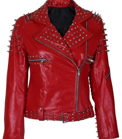 Red Leather Jacket With Cone And Tree Spike Studs