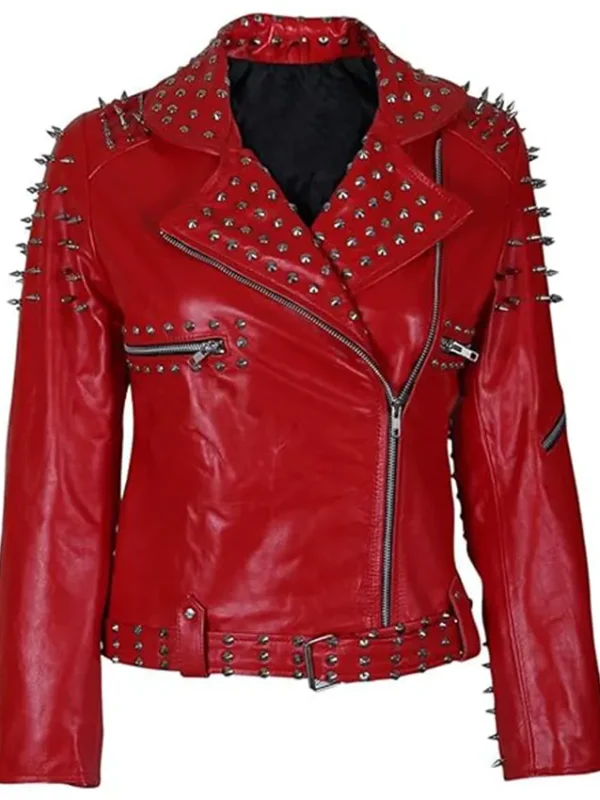 Red Leather Jacket With Cone And Tree Spike Studs