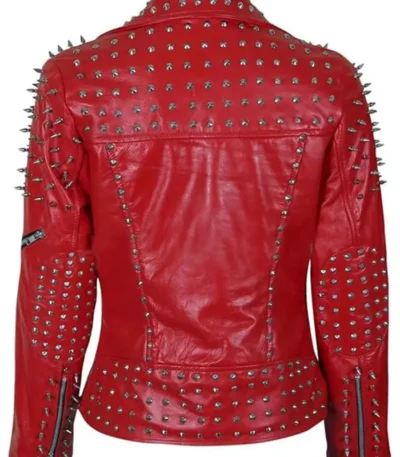 Red Leather Jacket With Cone And Tree Spike Studs