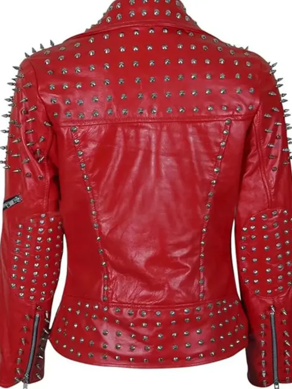 Red Leather Jacket With Cone And Tree Spike Studs
