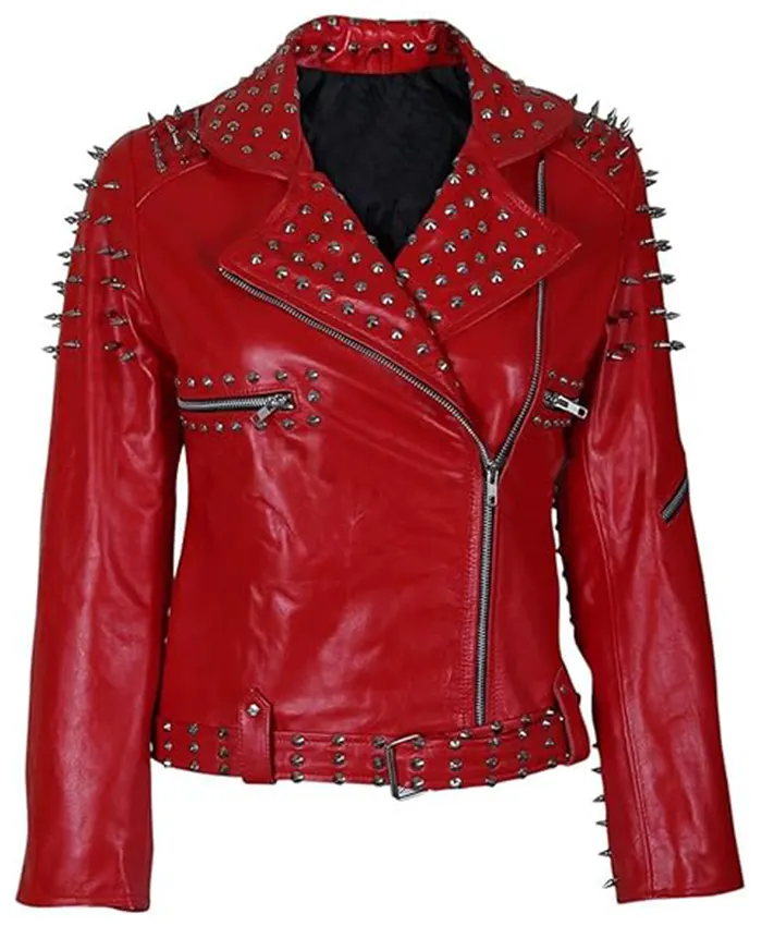Red Leather Jacket With Cone And Tree Spike Studs Red Leather Jacket With Cone And Tree Spike Studs