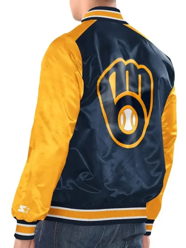 Milwaukee Brewers Renegade Navy/Gold Varsity Satin Jacket