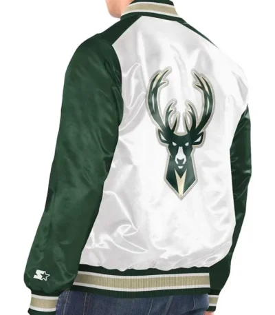 Milwaukee Bucks Renegade White/Hunter Green Varsity Satin Jacket