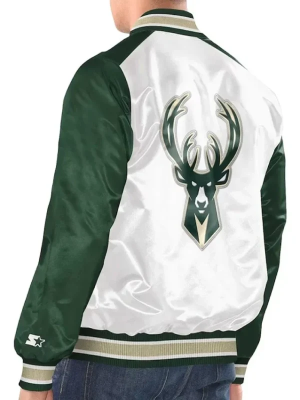 Milwaukee Bucks Renegade White/Hunter Green Varsity Satin Jacket