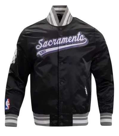 Sacramento Kings Script Tail Black Varsity Satin Jacket