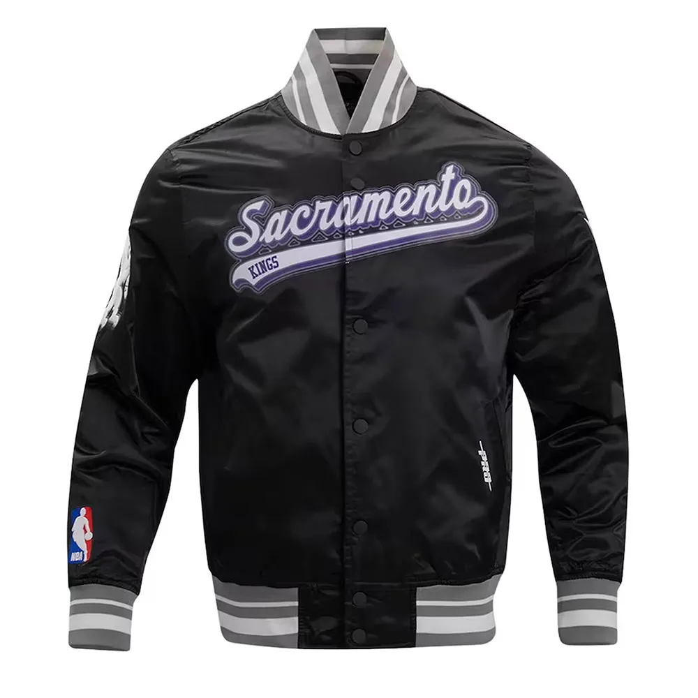 Sacramento Kings Script Tail Black Varsity Satin Jacket Sacramento Kings Script Tail Black Varsity Satin Jacket