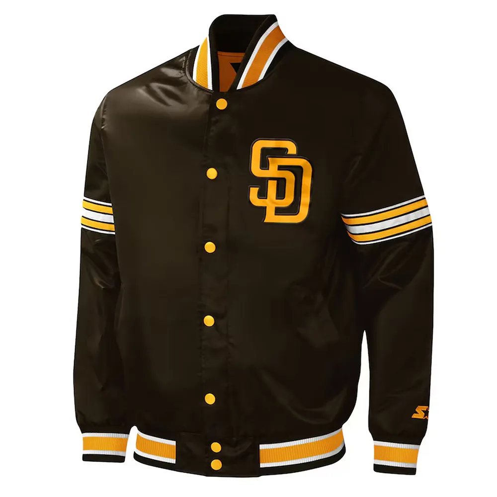 San Diego Padres Midfield Brown Varsity Satin Jacket San Diego Padres Midfield Brown Varsity Satin Jacket