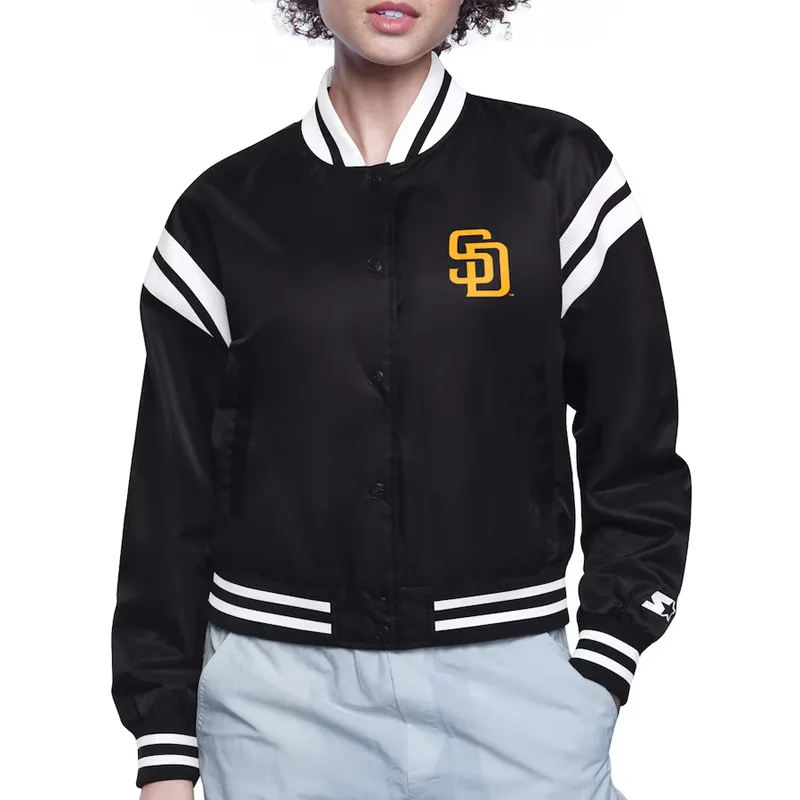 San Diego Padres Printed Logo Varsity Satin Jacket San Diego Padres Printed Logo Varsity Satin Jacket