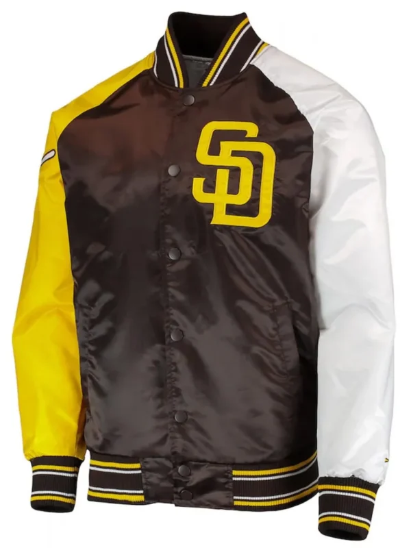 San Diego Padres Raglan Reliever Brown and Gold Satin Varsity Jacket