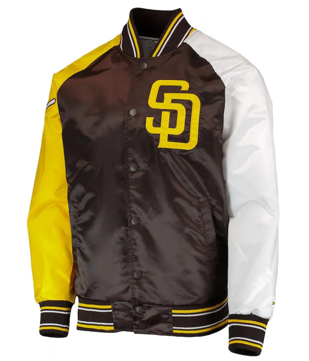San Diego Padres Raglan Reliever Brown and Gold Satin Varsity Jacket San Diego Padres Raglan Reliever Brown and Gold Satin Varsity Jacket