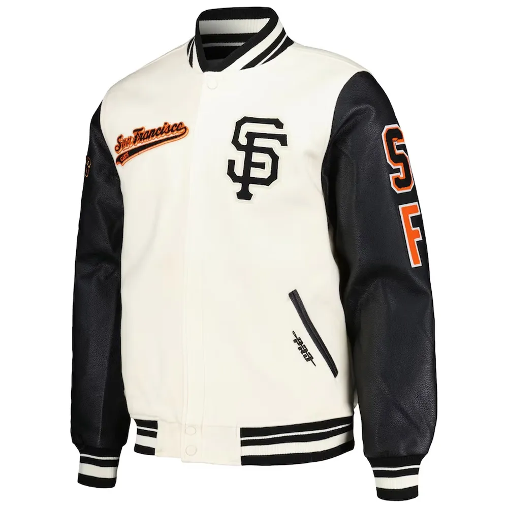 San Francisco Giants Script Tail Cream and Black Varsity Jacket San Francisco Giants Script Tail Cream and Black Varsity Jacket