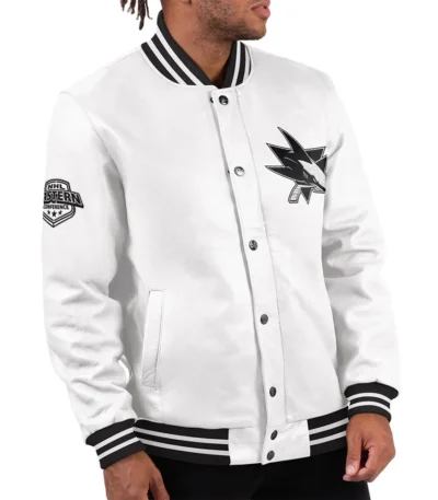 San Jose Sharks Black Ice Varsity White Leather Jacket