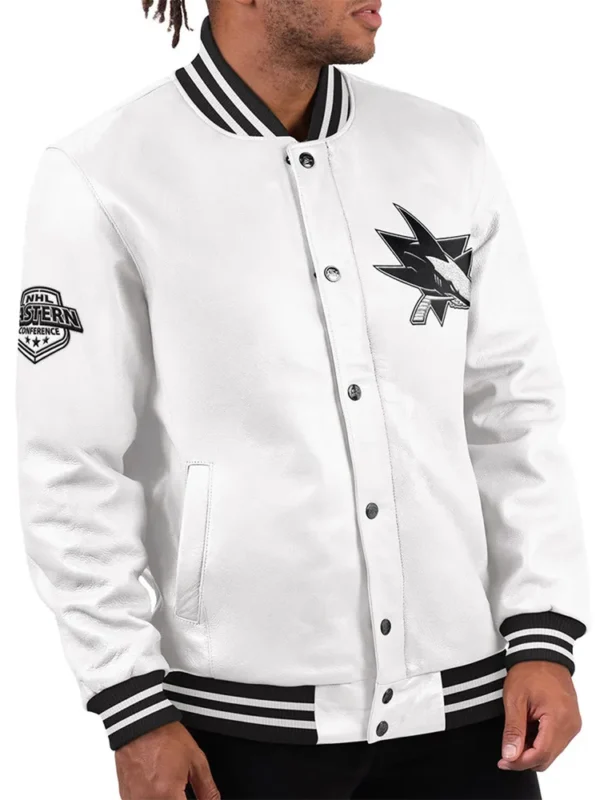 San Jose Sharks Black Ice Varsity White Leather Jacket