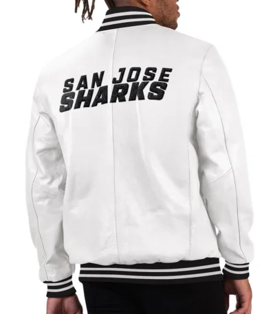 San Jose Sharks Black Ice Varsity White Leather Jacket