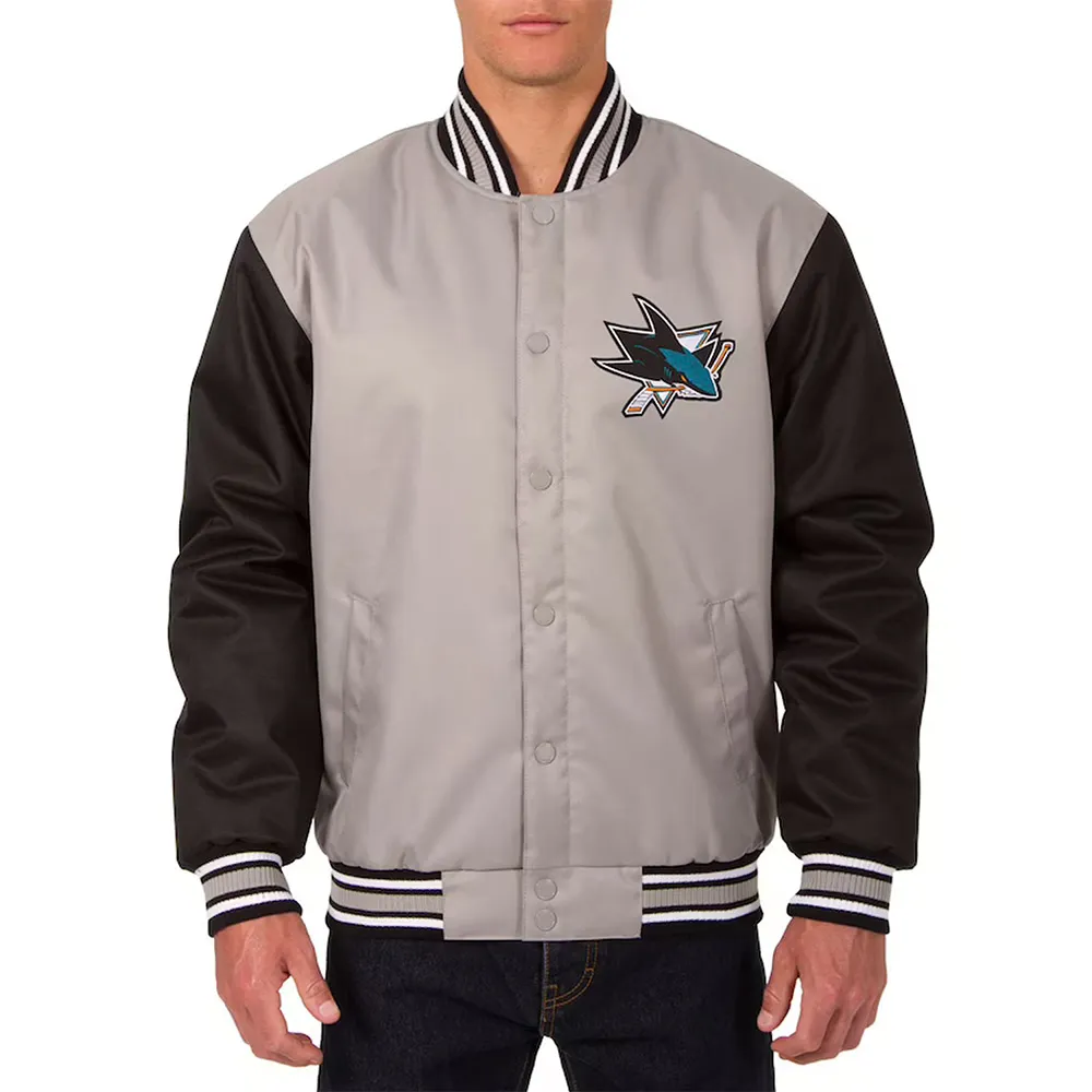 San Jose Sharks Front Hit Gray and Black Poly Twill Jacket San Jose Sharks Front Hit Gray and Black Poly Twill Jacket