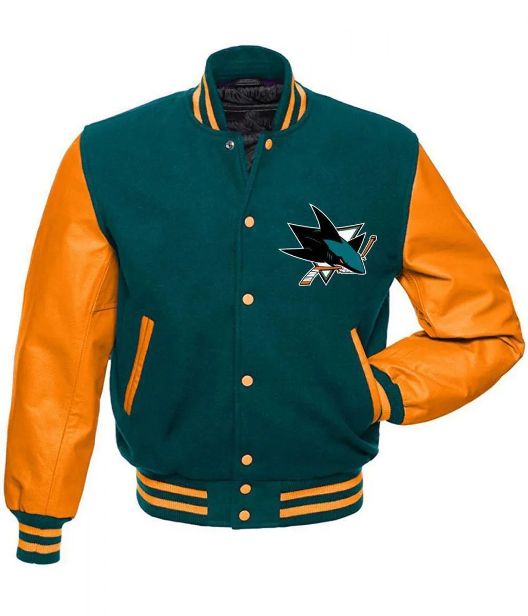 San Jose Sharks NHL Varsity Green and Orange Jacket San Jose Sharks NHL Varsity Green and Orange Jacket