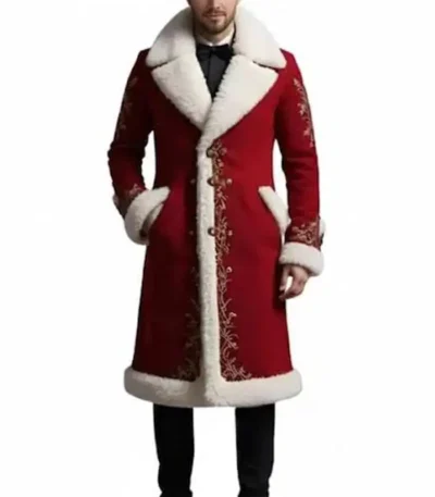 Santa Red Wool Shearling Embroidered Coat