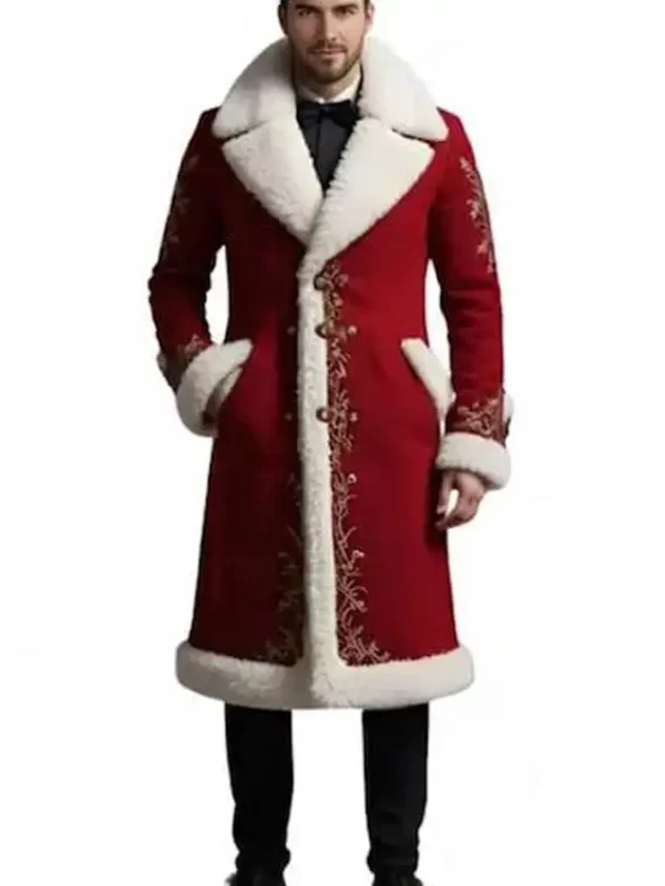Santa Red Wool Shearling Embroidered Coat