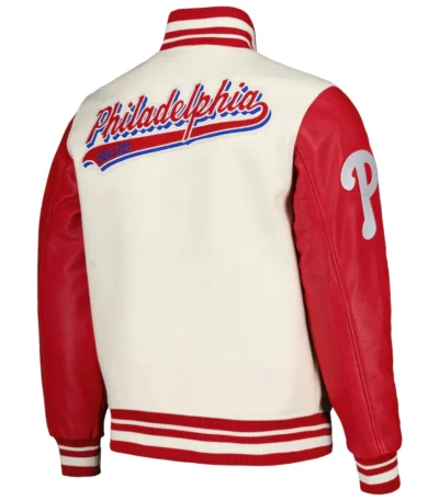 Script Tail Philadelphia Phillies Cream and Red Varsity Jacket