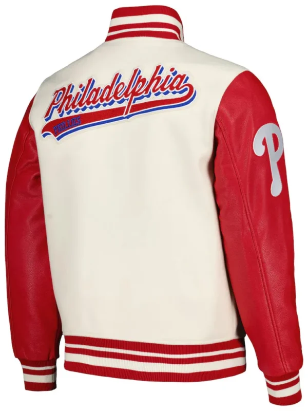Script Tail Philadelphia Phillies Cream and Red Varsity Jacket
