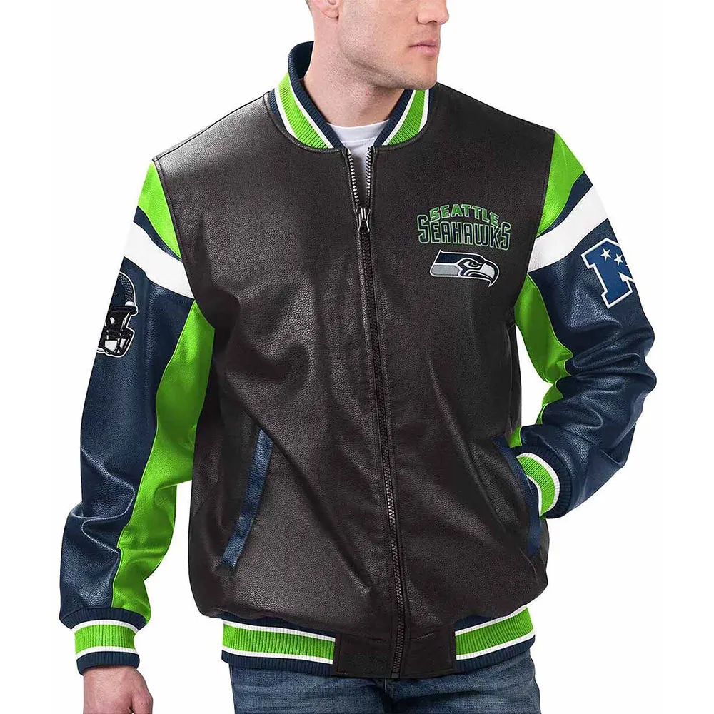 Seattle Seahawks Black Varsity Full-Zip Leather Jacket Seattle Seahawks Black Varsity Full-Zip Leather Jacket