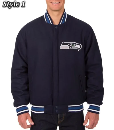 Seattle Seahawks Bomber Navy Blue Wool Jacket