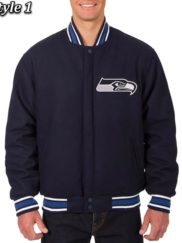 Seattle Seahawks Bomber Navy Blue Wool Jacket