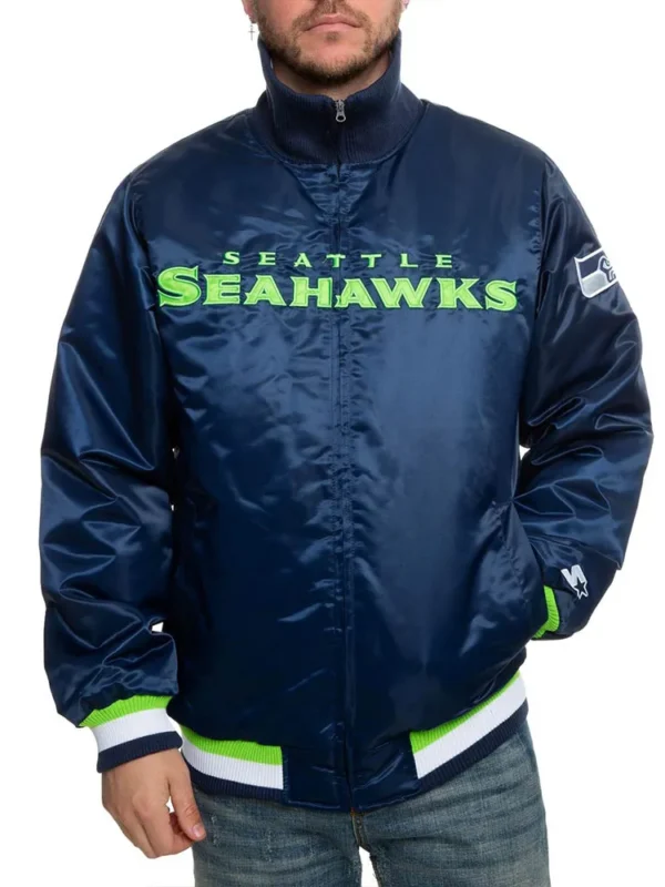 Seattle Seahawks Neon Embroidery Varsity Navy Satin Jacket